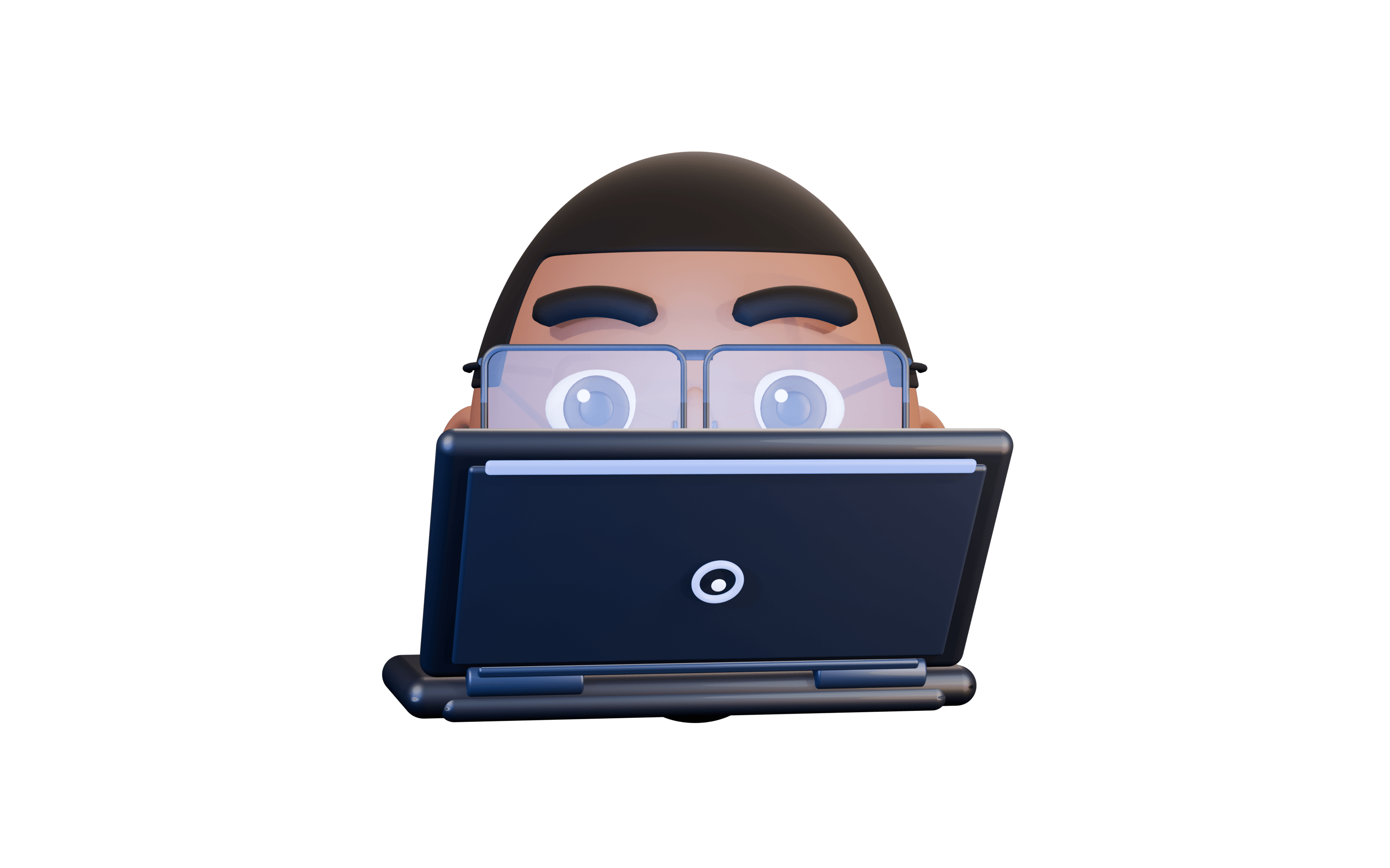 An illustrated figure working at a laptop