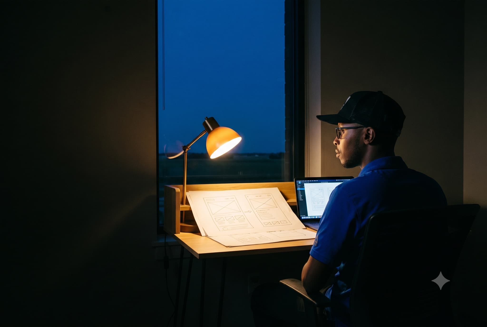 Chris at his desk after dark, sketching wireframes by lamplight
